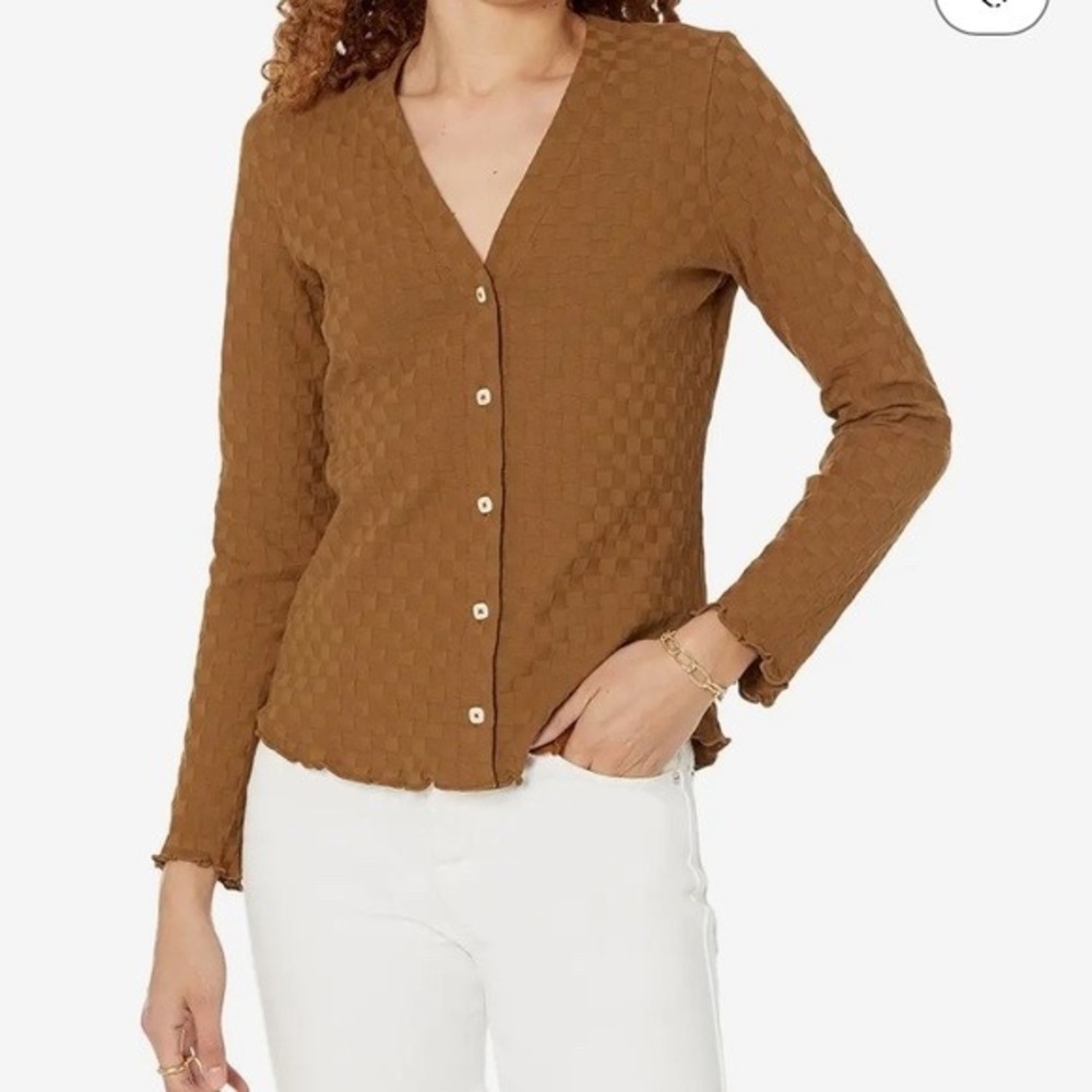 Madewell Brown Cotton Jacquard Checkerboard Cardigan V-Neck Top Retro dopamine M